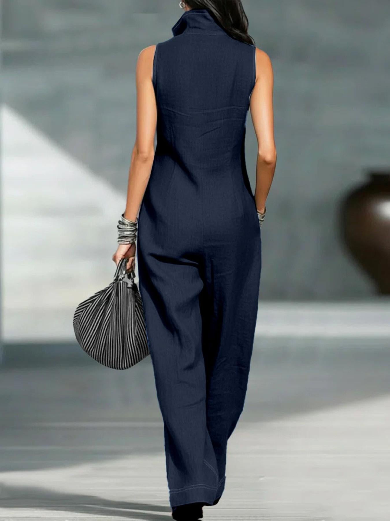 VVZ Women's Stand-Collar Sleeveless Loose-Fit Casual Jumpsuit
