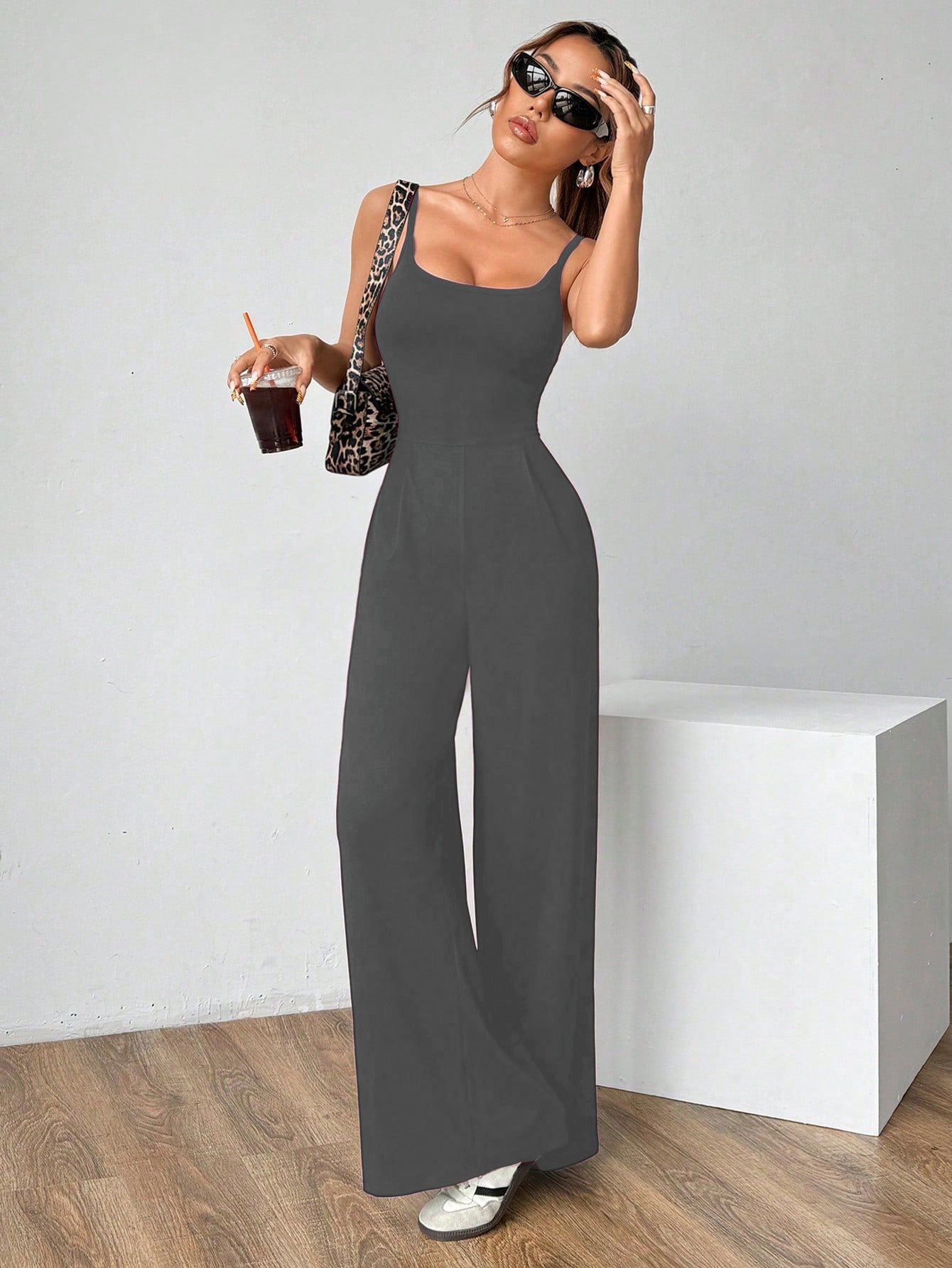 VVZ Women's Solid-Color Backless Pleated Spaghetti-Strap Jumpsuit