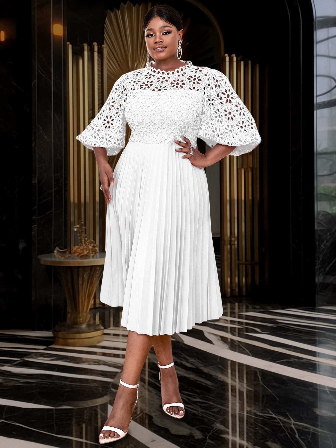VVZ Solid-Color Open-Front Crocheted Lace Shawl Dress