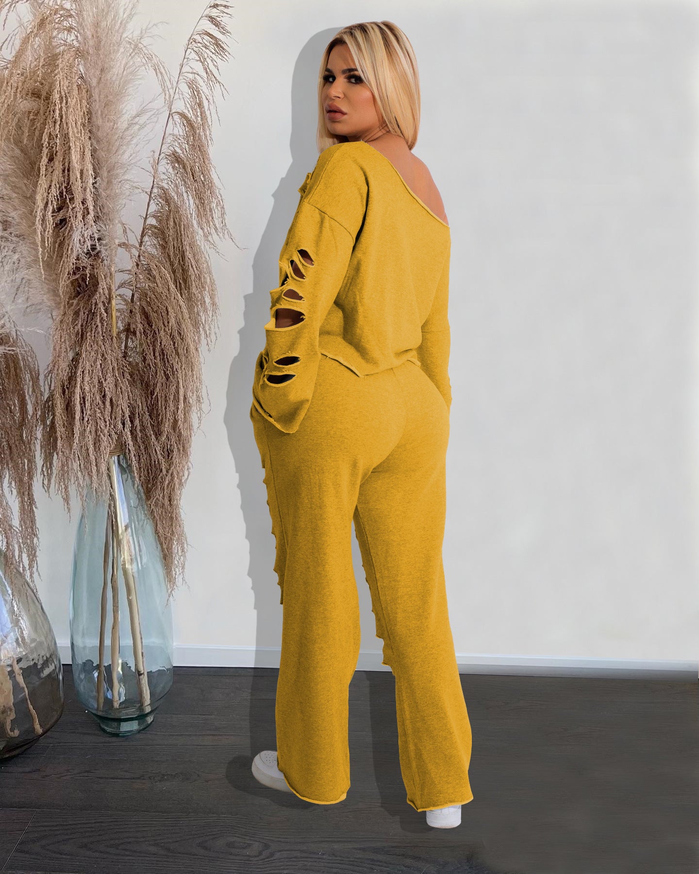 VVZ Women's Distressed Asymmetrical-Collar Knit Pullover and Wide-Leg Pants Set