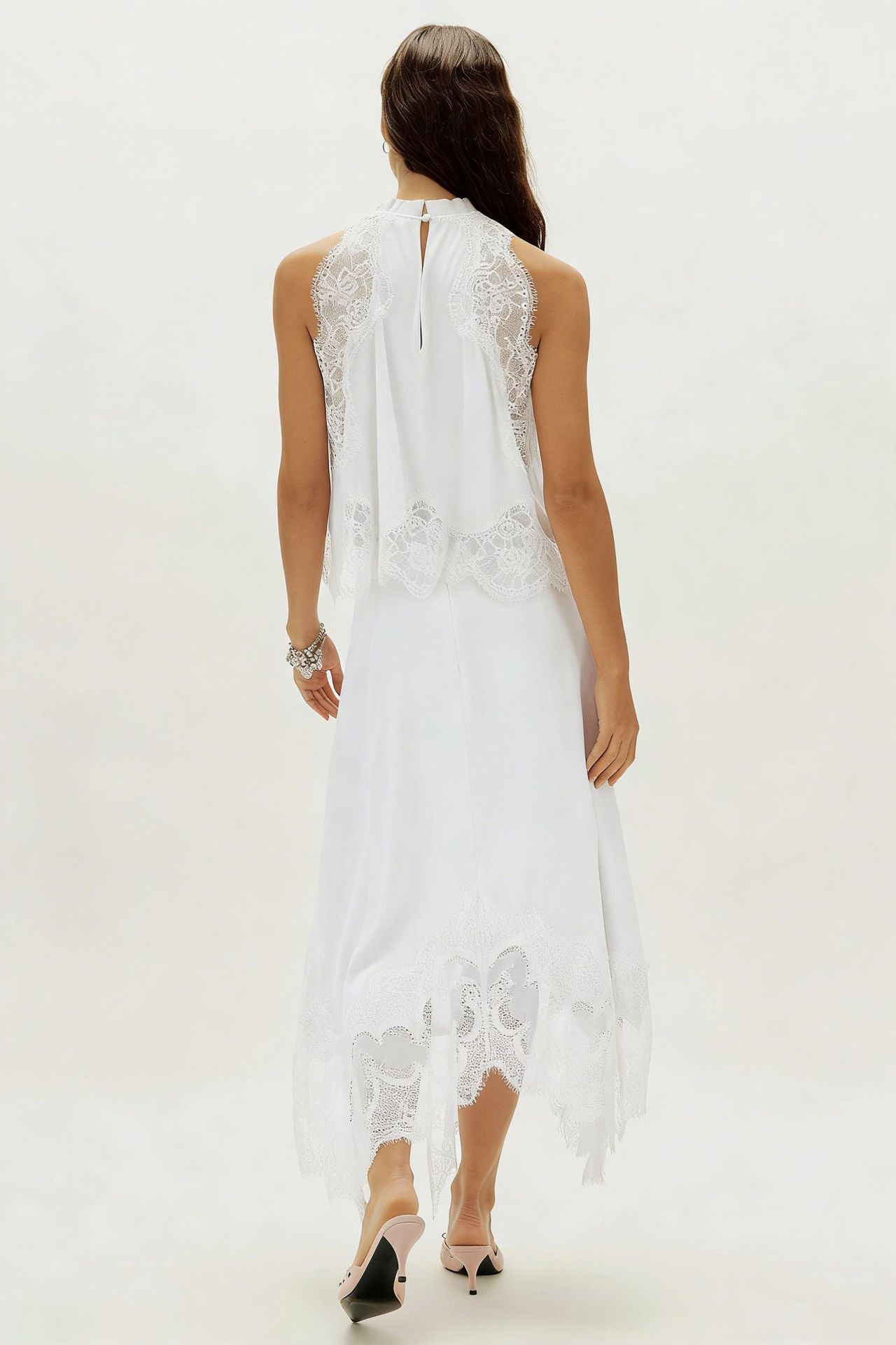 VVZ Women's Elegant Solid-Color Satin Two-Piece Set with Lace Splicing