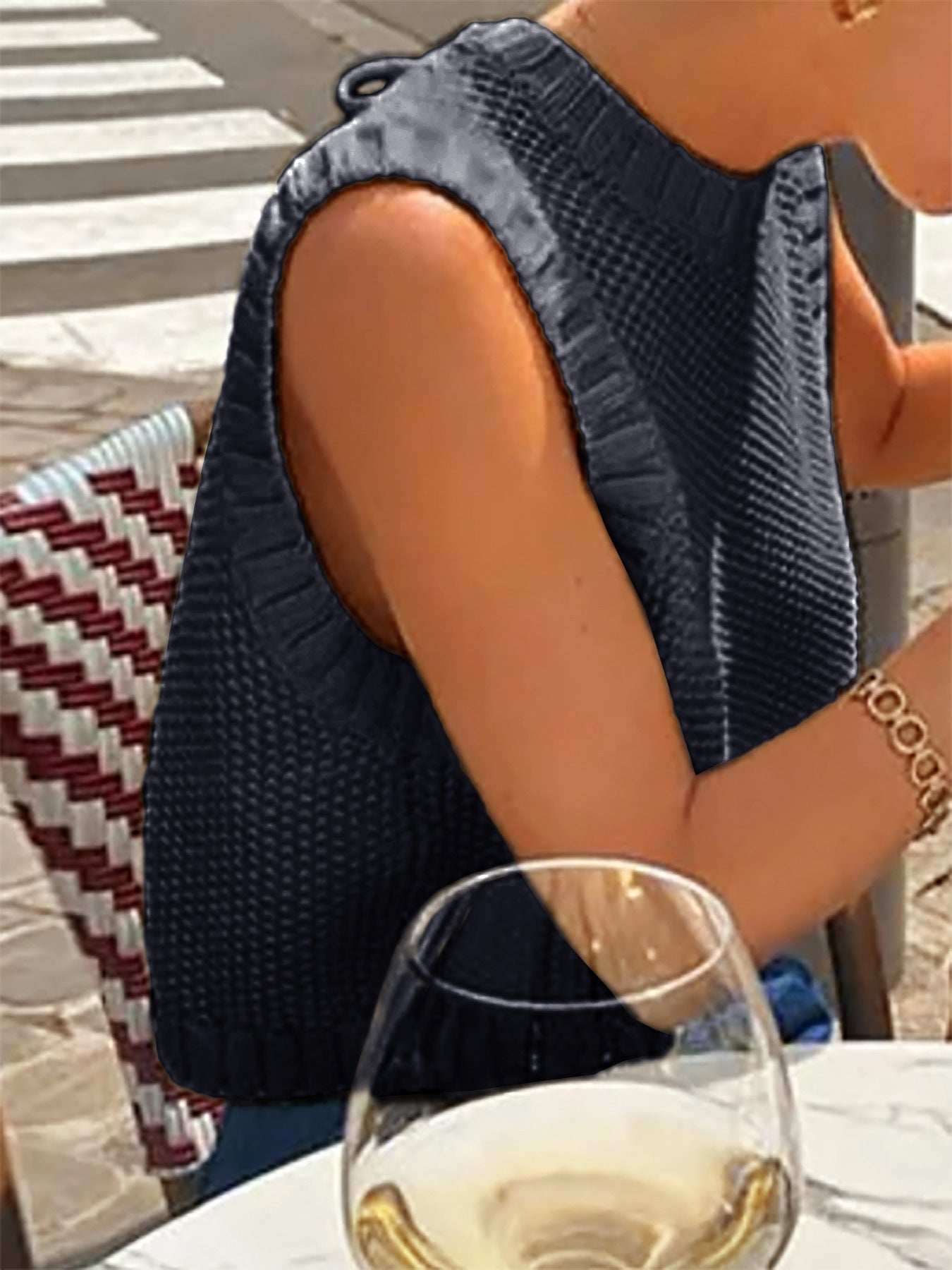 VVZ Women's Solid-Color Sweater Vest with Back Slit and Tie Detail
