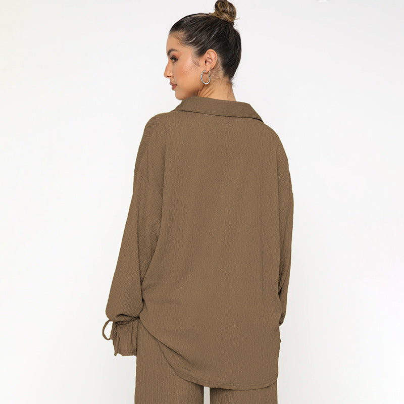 VVZ Women's Solid-Color Collared Button-Down Shirt and Slit-Hem Trousers Set