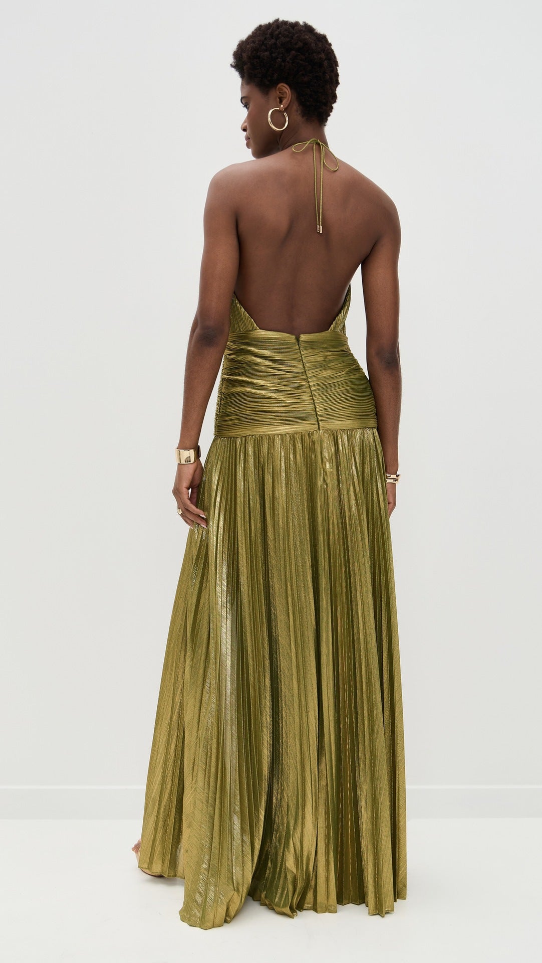 VVZ Halter-Neck Metallic Pleated Maxi Dress