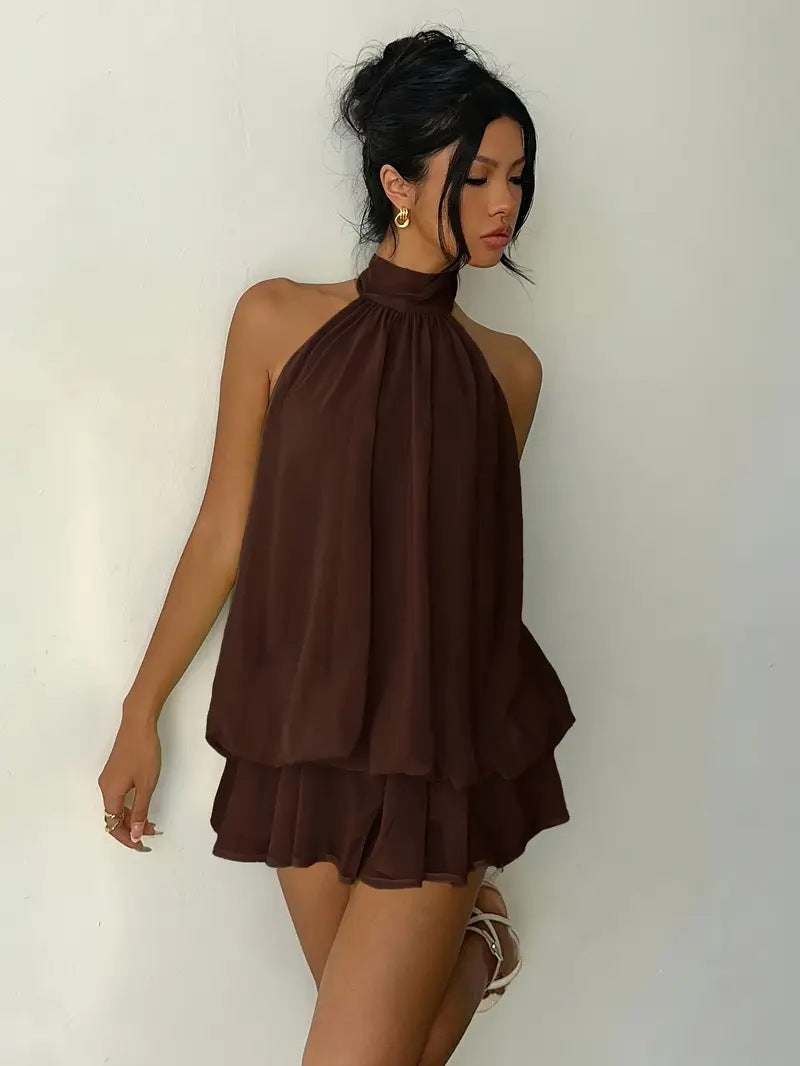 VVZ  Women's Summer Casual Fashion Halter Tie Back Mini Dress