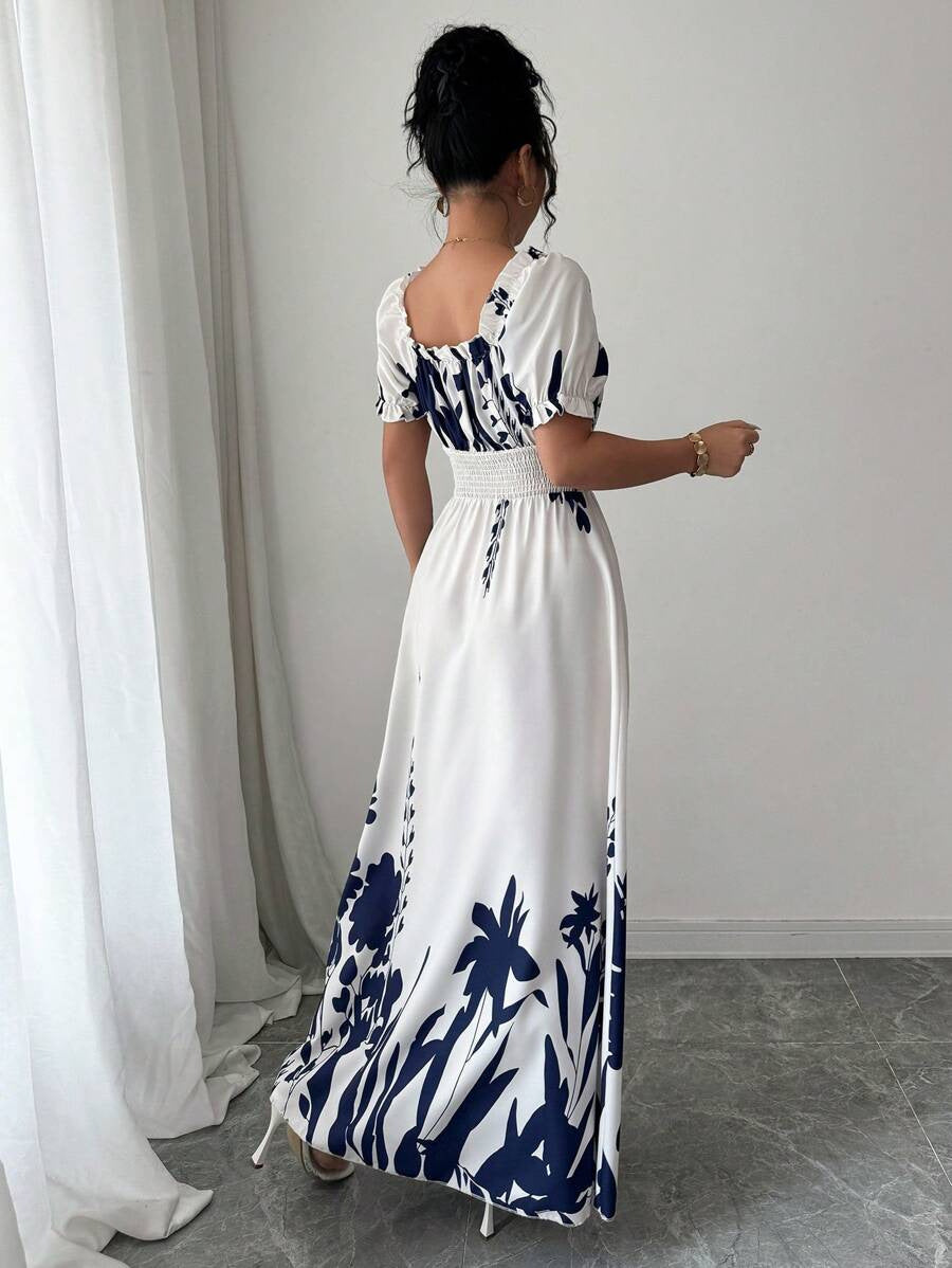 VVZ Printed puff-sleeve dress with a fitted waist