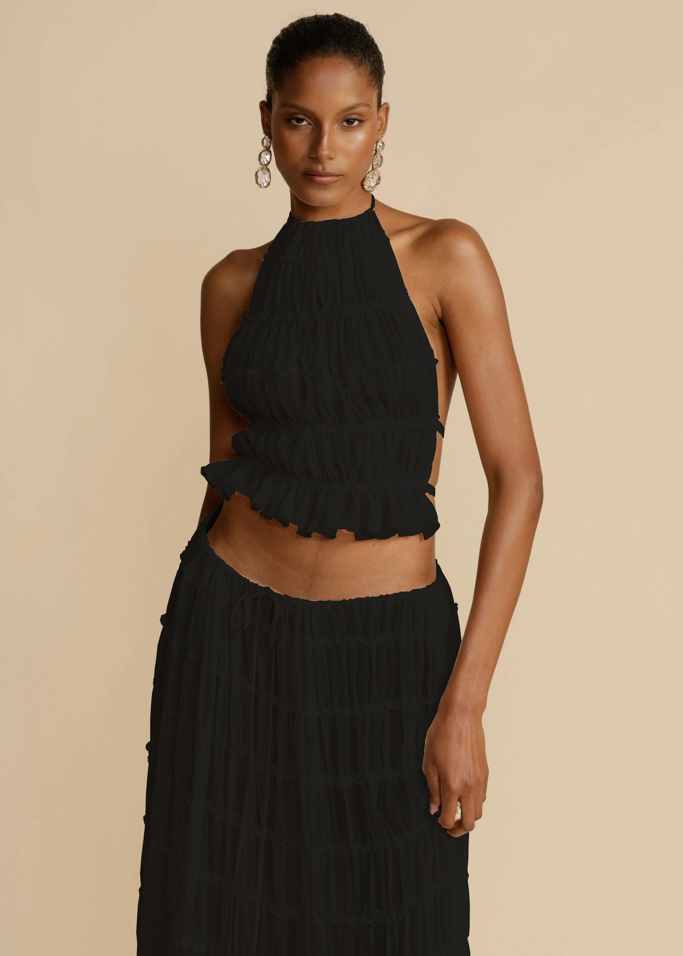 VVZ Sleeveless Ruched Halter Top and Long Skirt