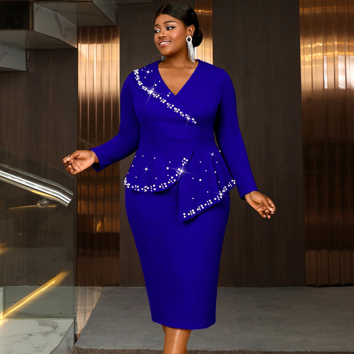 VVZ Plus-Size V-Neck Long-Sleeve Dress
