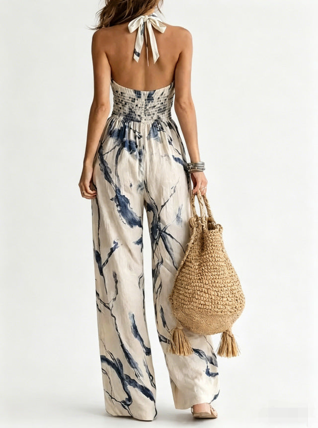 VVZ Women's Ink-Wash Print Halter-Neck Jumpsuit