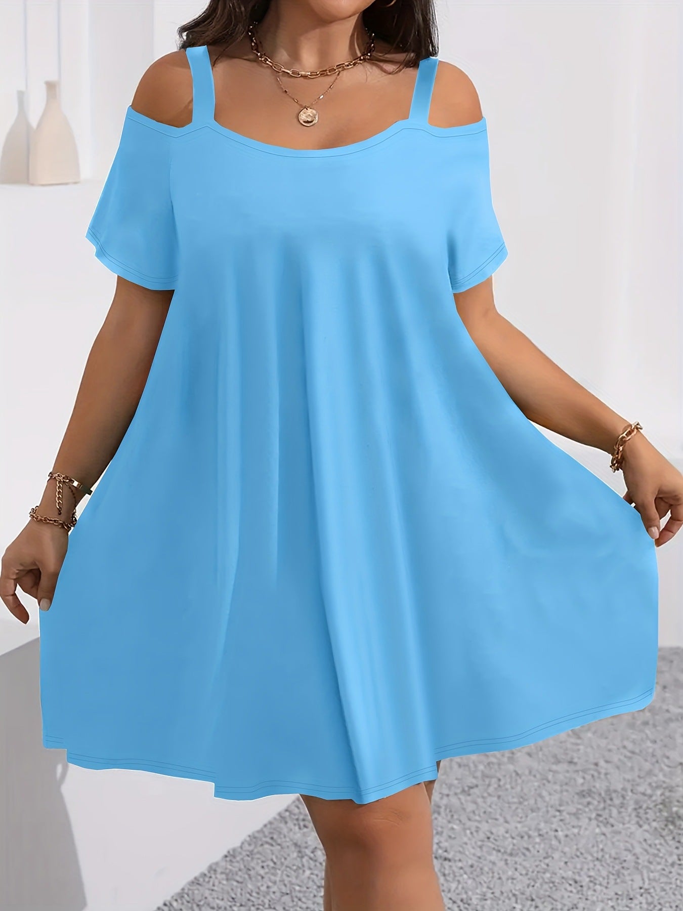 VVZ Plus-Size Women's Casual Midi Dress: Crew Neck, Short Sleeve, Cold-Shoulder, Slim Fit