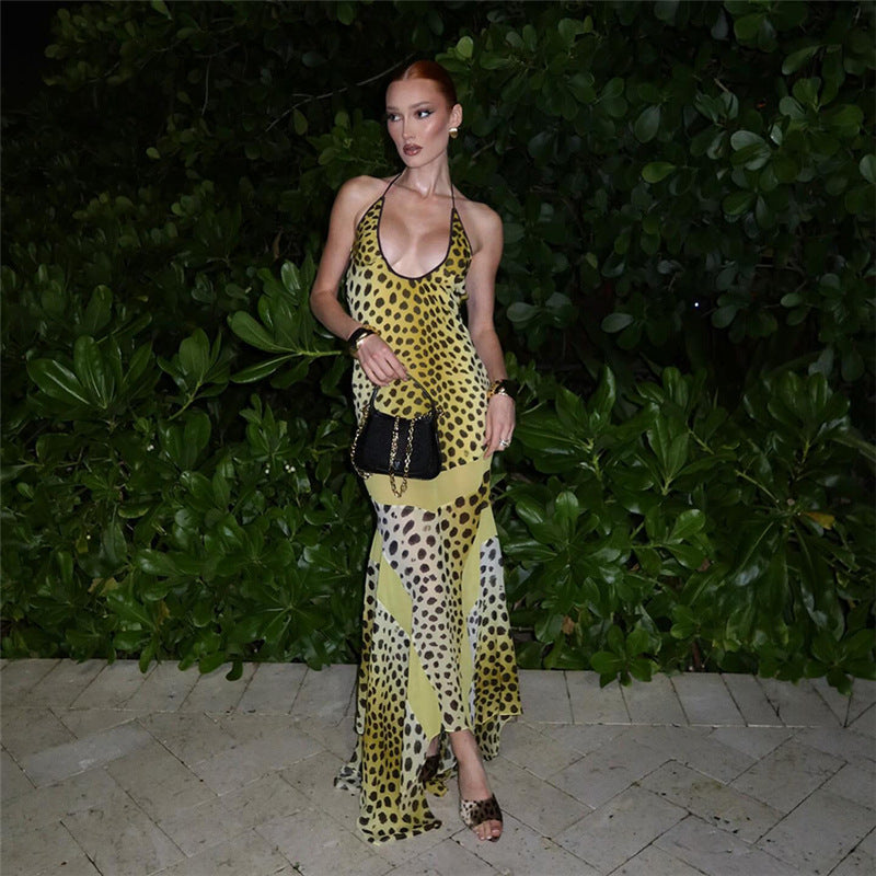 VVZ Women's Leopard Print Cross-Front Cutout Halter Dress