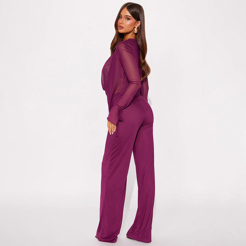 VVZ Deep V-Neck Mesh Top Paired with Wide-Leg Pants
