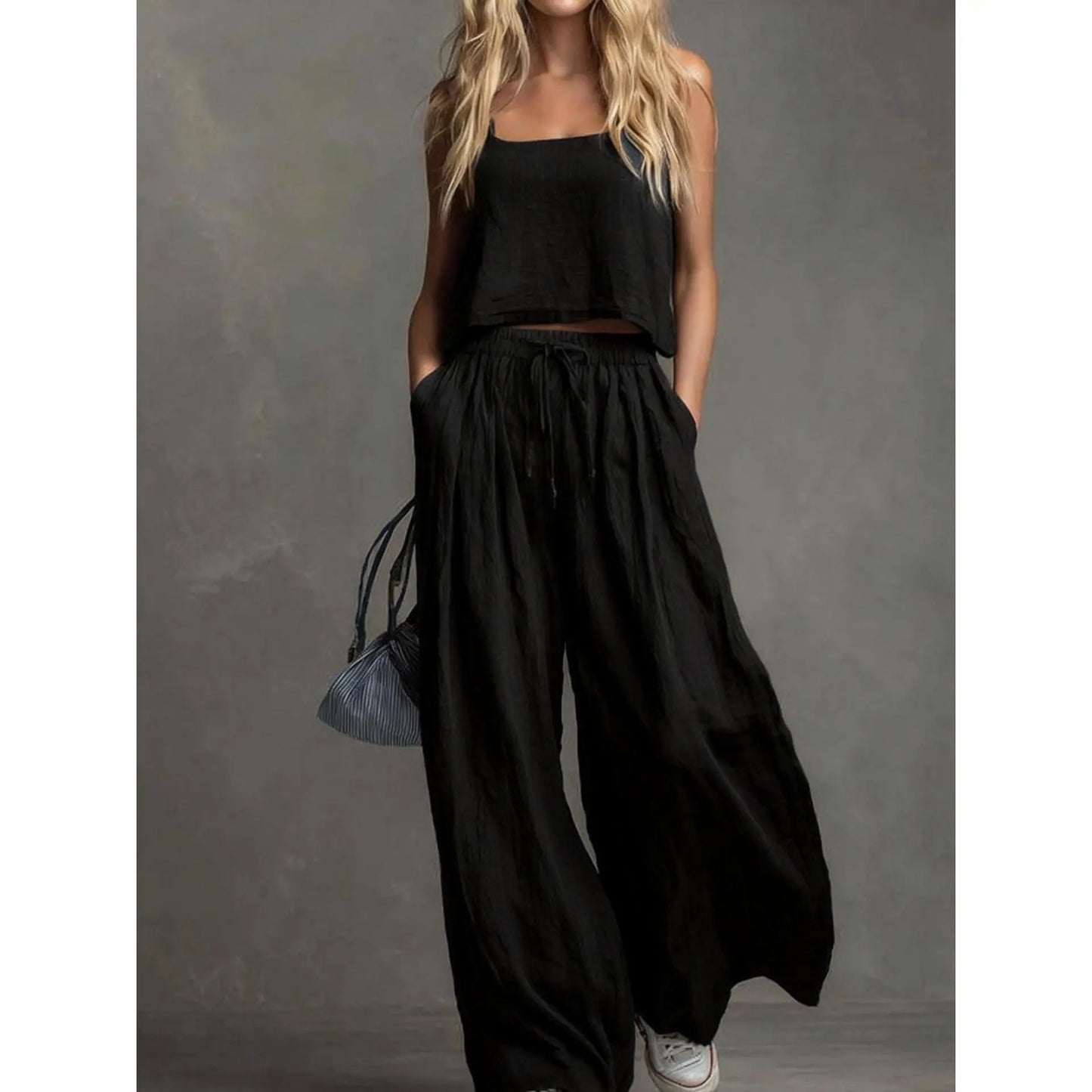 VVZ Spring/Summer Women's Solid-Color Casual Strappy Top and Wide-Leg Pants Set