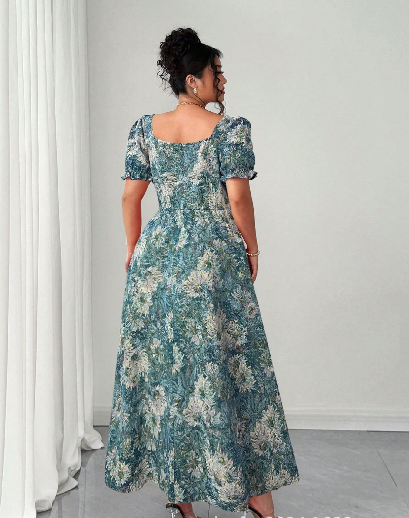 VVZ Plus-Size Embroidered A-Line Maxi Dress with Square Neckline, Puff Sleeves, and Tie Detail