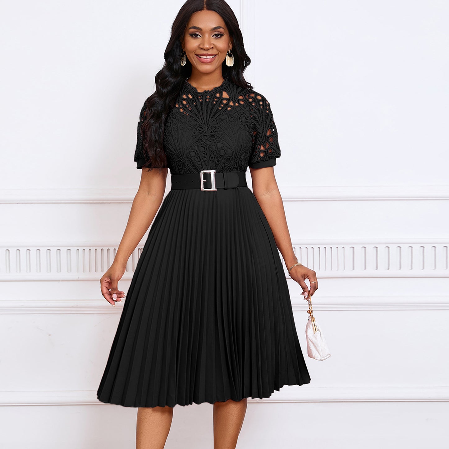 VVZ Women's Solid-Color Round-Neck Puff-Sleeve Mini Dress