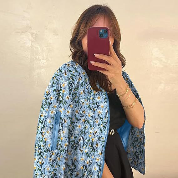 VVZ Women's Ramie Linen Embroidered Daisy Cropped Bomber Jacket