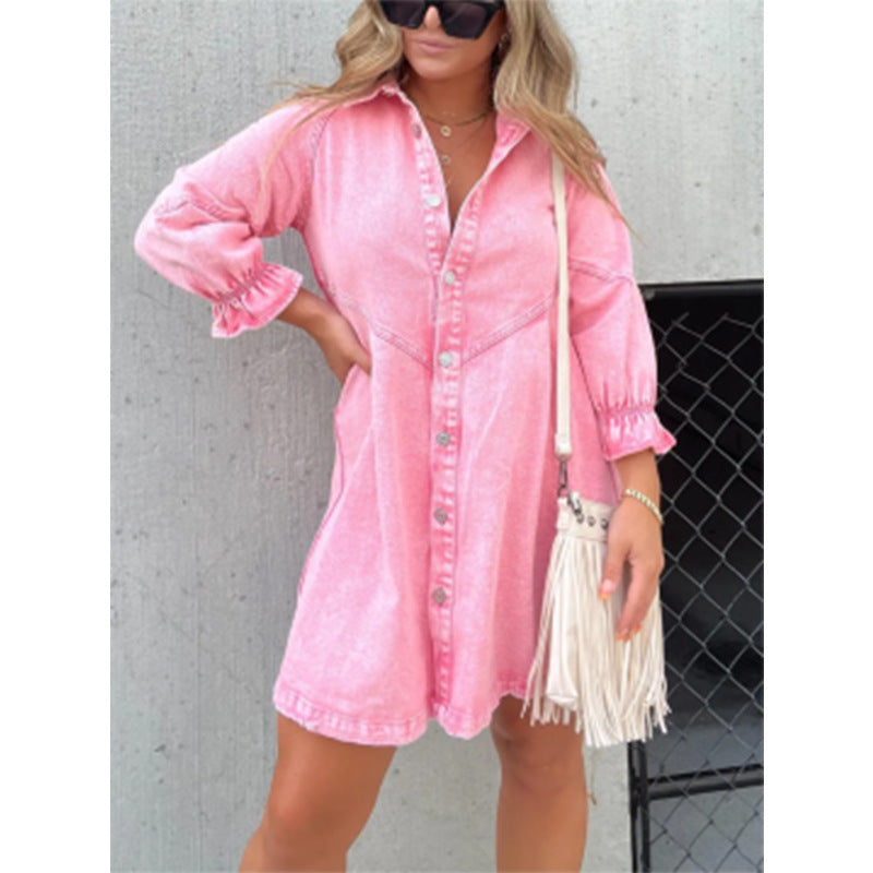 VVZ Washed Denim Puff-Sleeve Mini Dress