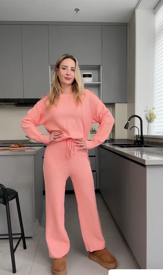 VVZ Women'S Oversized Round Neck Sweater & Wide-Leg Pants Two-Piece Set