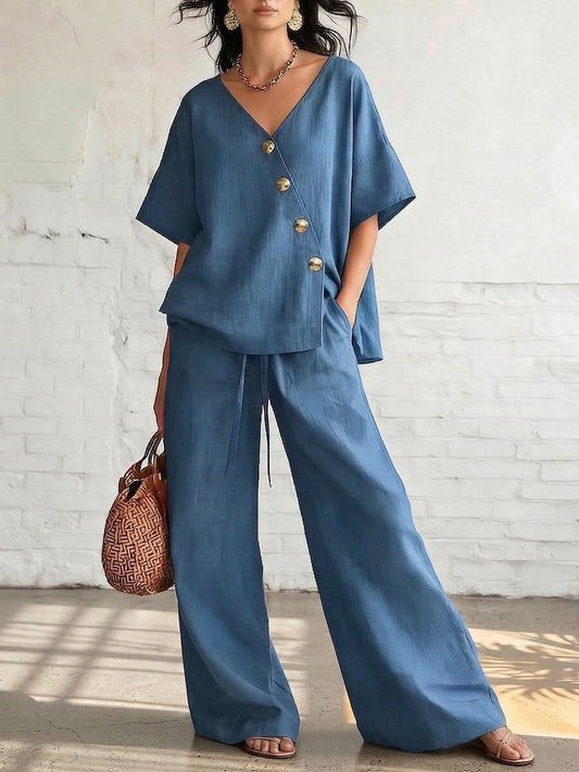 VVZ Loose V-neck short-sleeve top and drawstring trousers