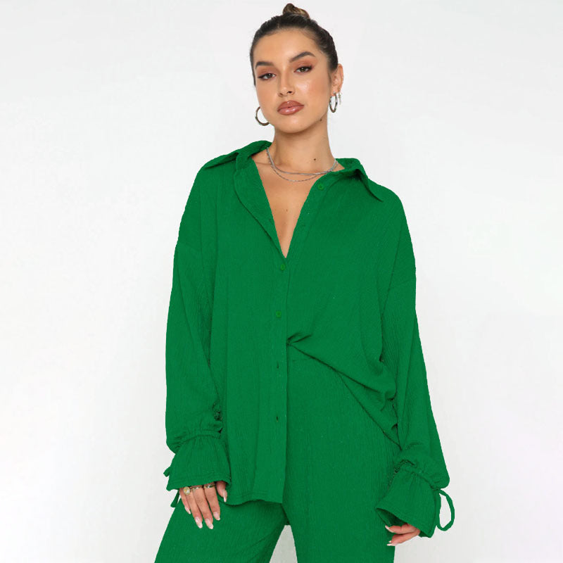 VVZ Women's Solid-Color Collared Button-Down Shirt and Slit-Hem Trousers Set