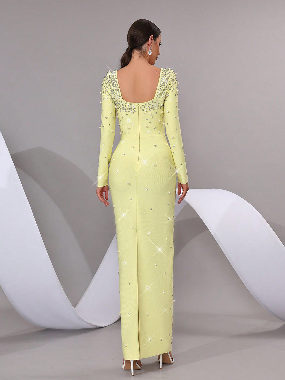 VVZ Fitted Square-Neck Maxi Dress with Beading and Rhinestone Embellishments