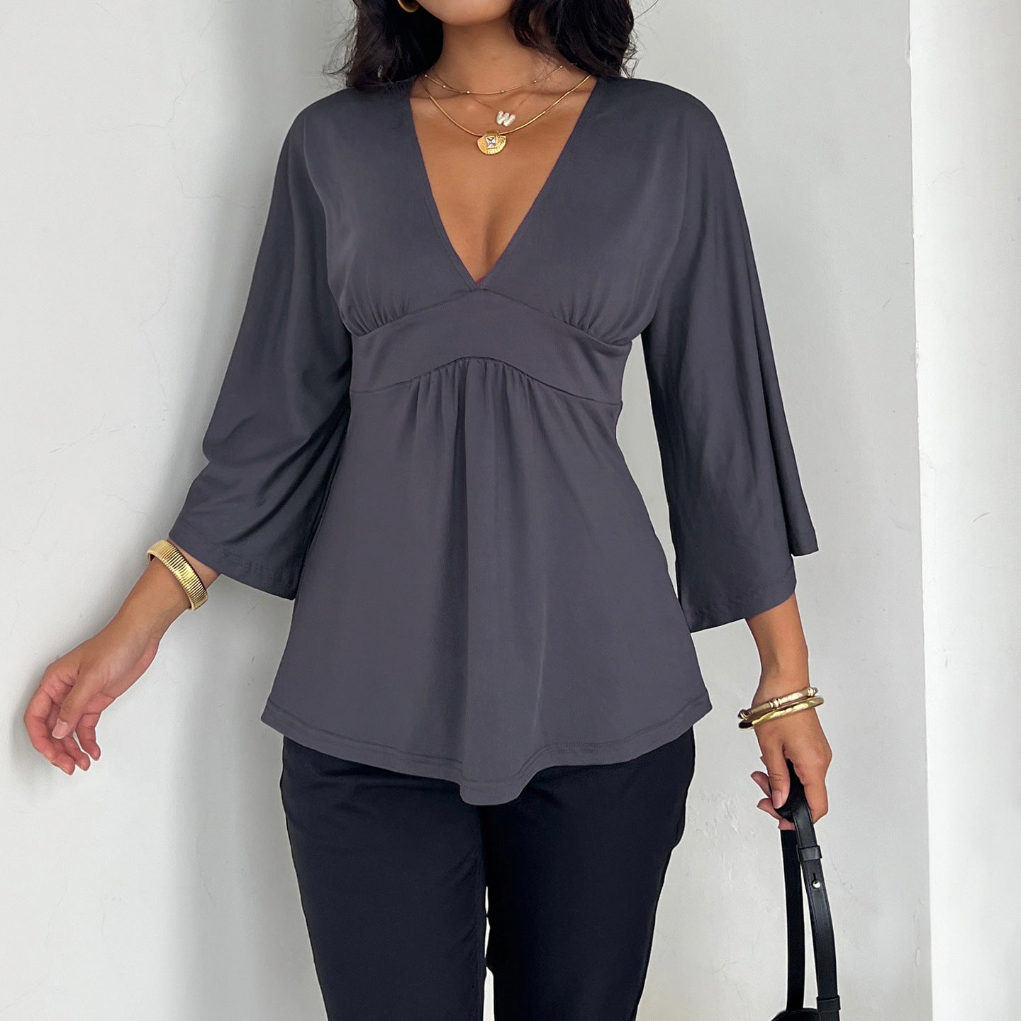 VVZ Women's V-Neck Pleated Batwing Sleeves