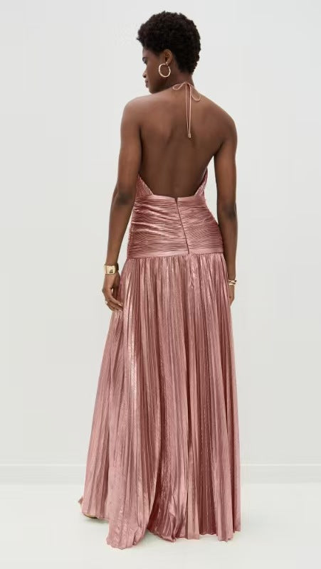 VVZ Halter-Neck Metallic Pleated Maxi Dress