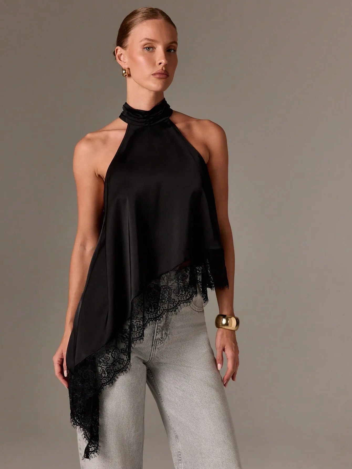 VVZ Women's Halter Top — Summer Sleeveless, Backless Camisole with Asymmetrical Lace Hem