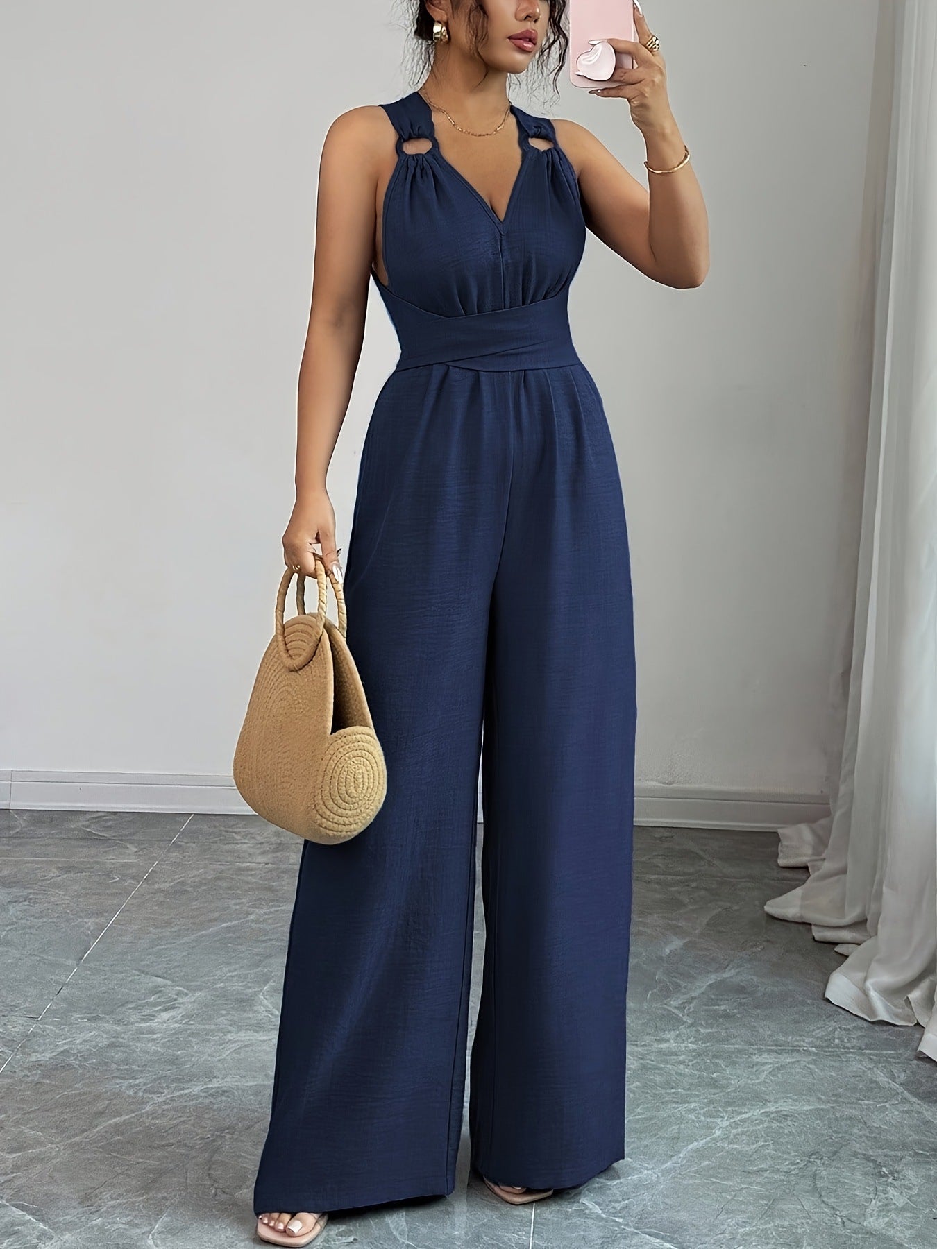 VVZ V-Neck, Tie-Waist, Wide-Leg Jumpsuit
