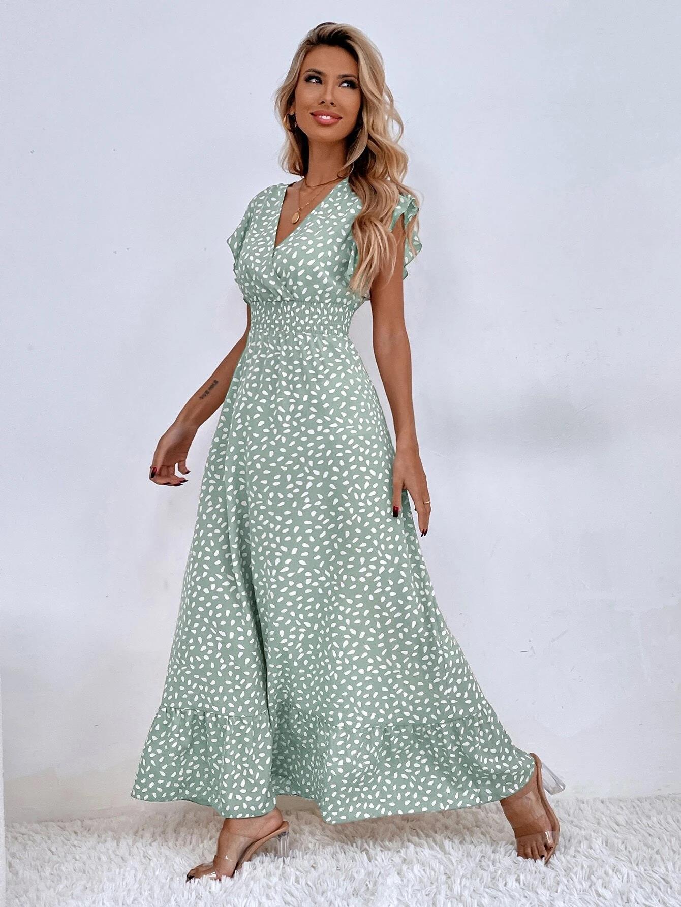 VVZ Women's Floral V-Neck Ruffled Waist-Cinching Slim-Fit Dress