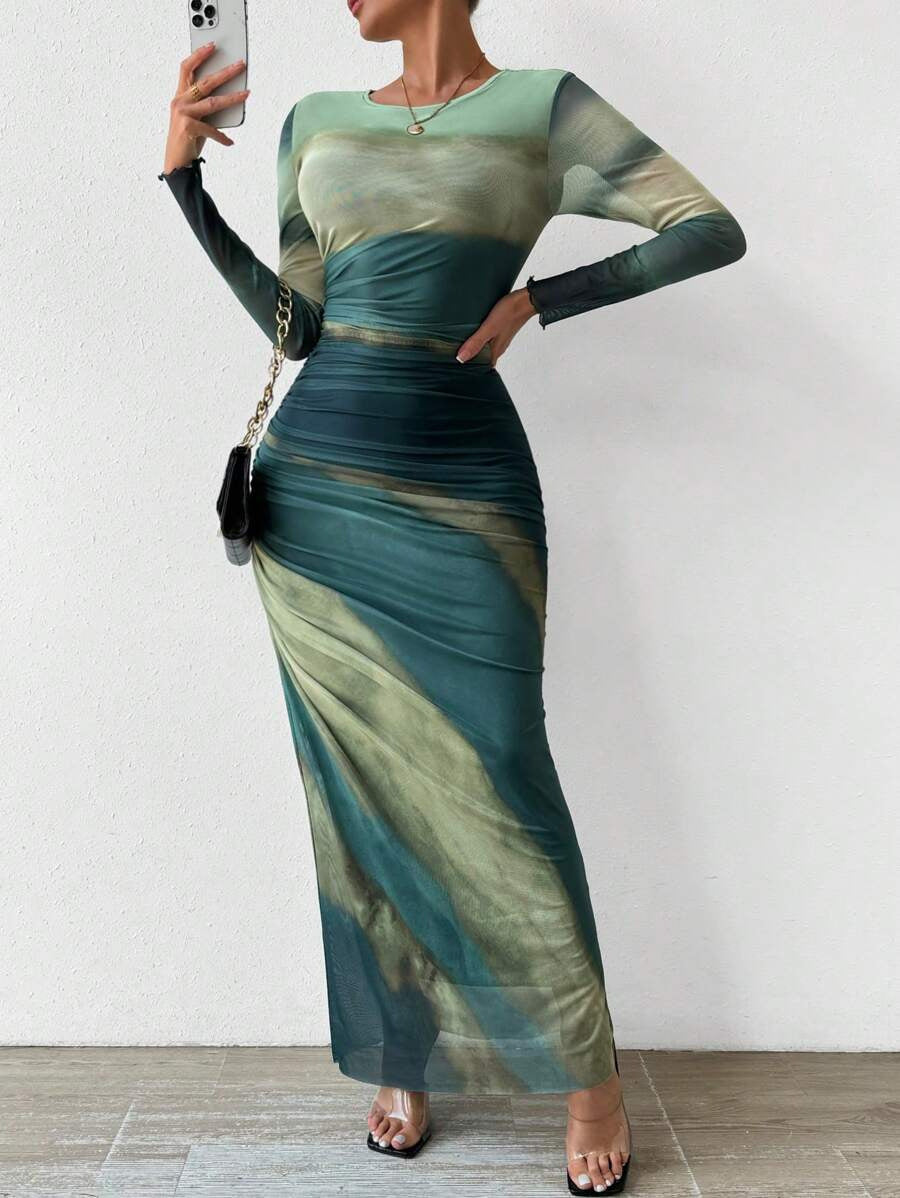 VVZ Sexy Mesh-Print Ruched Bodycon Dress with Round Neckline