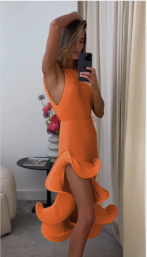 VVZ Irregular Ruffle, Sleeveless, Tie-Waist, Slim-Fit Dress