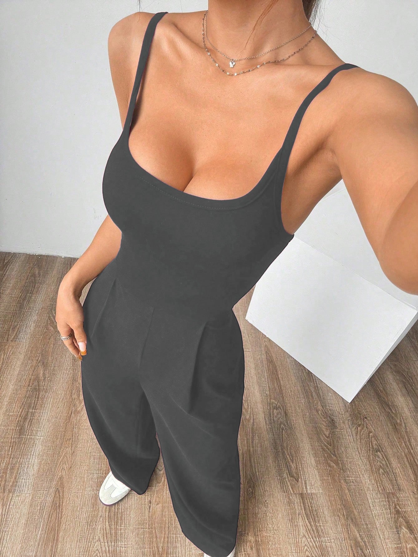 VVZ Women's Solid-Color Backless Pleated Spaghetti-Strap Jumpsuit
