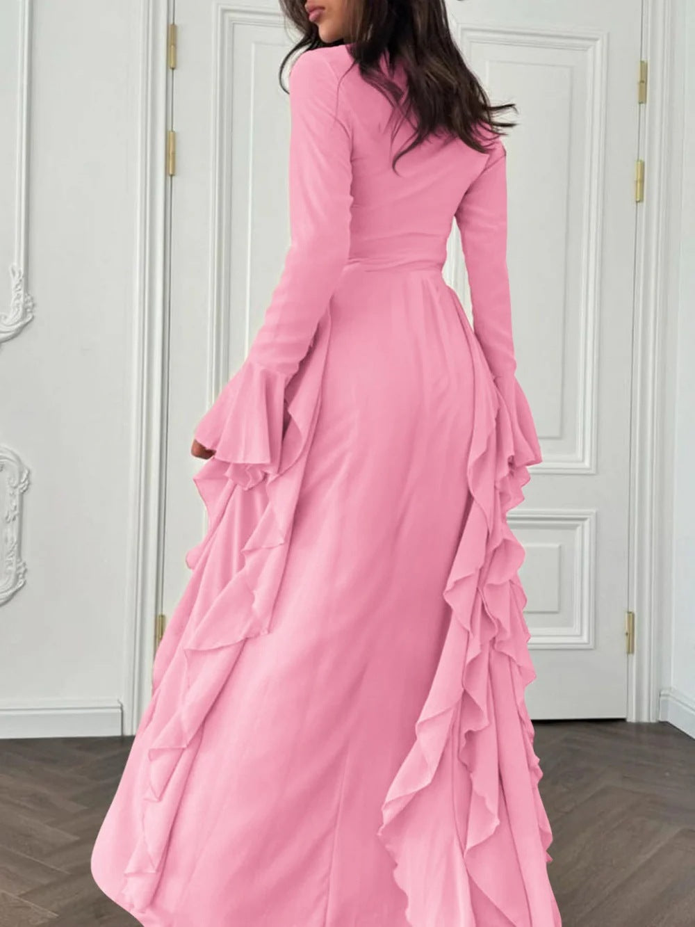 VVZ Solid-Color Waist-Cinching Maxi Dress with Flared Sleeves