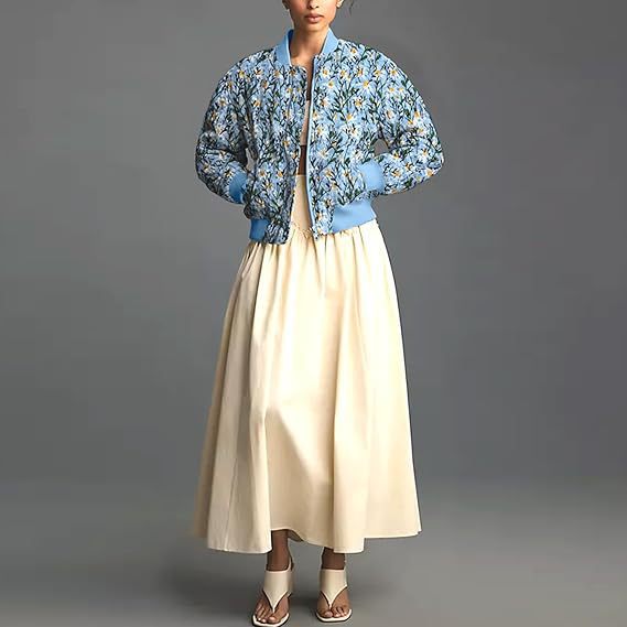 VVZ Women's Ramie Linen Embroidered Daisy Cropped Bomber Jacket