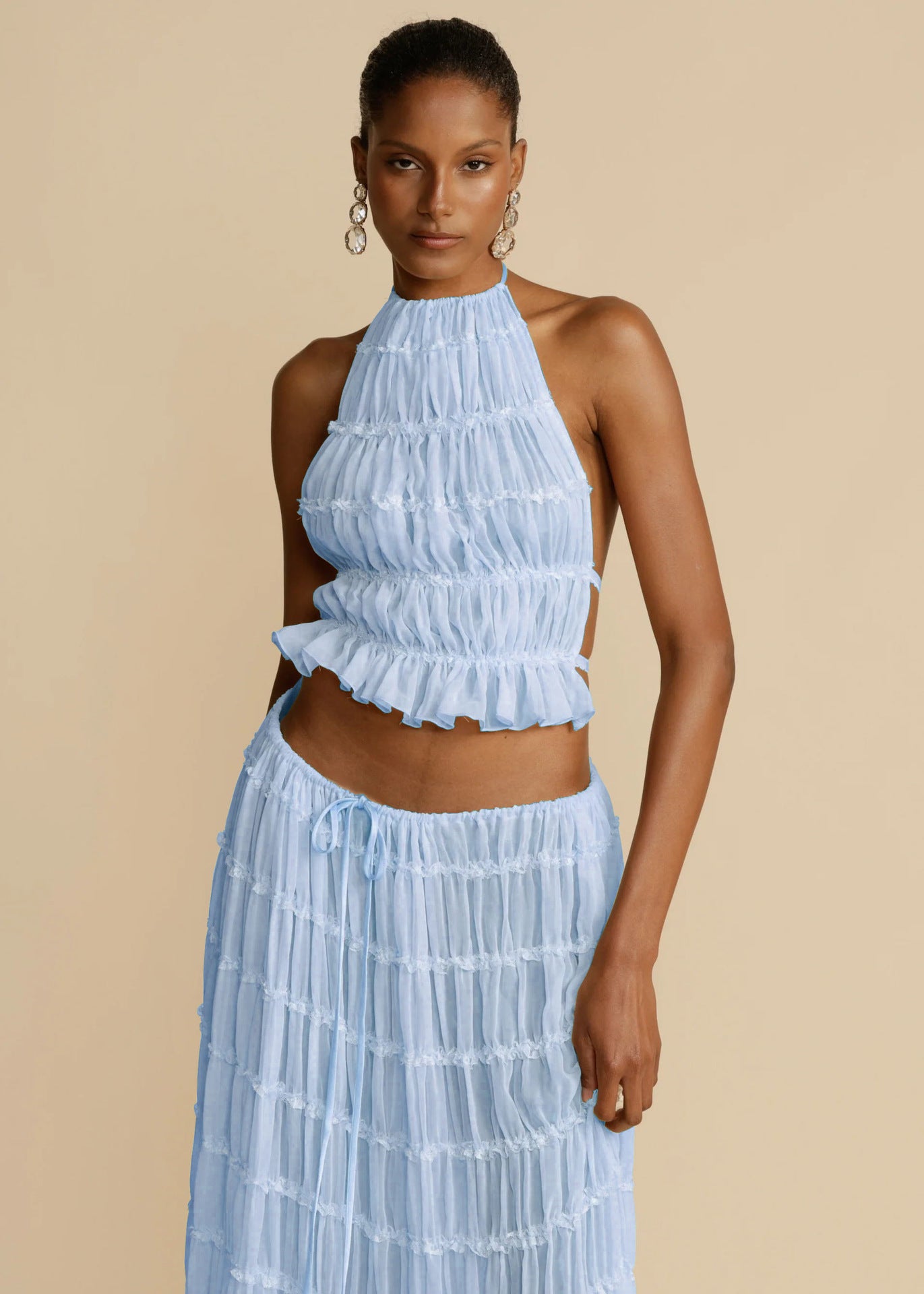 VVZ Sleeveless Ruched Halter Top and Long Skirt