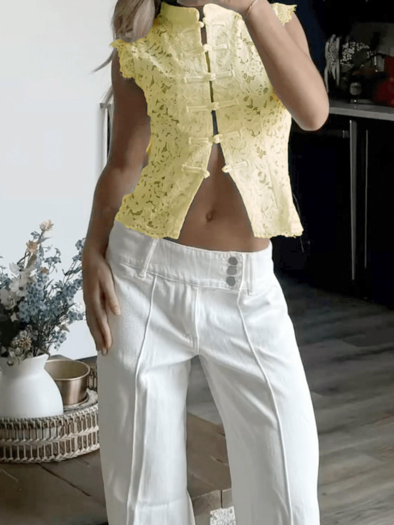 VVZ Women's Summer Lace Stand-Collar Top