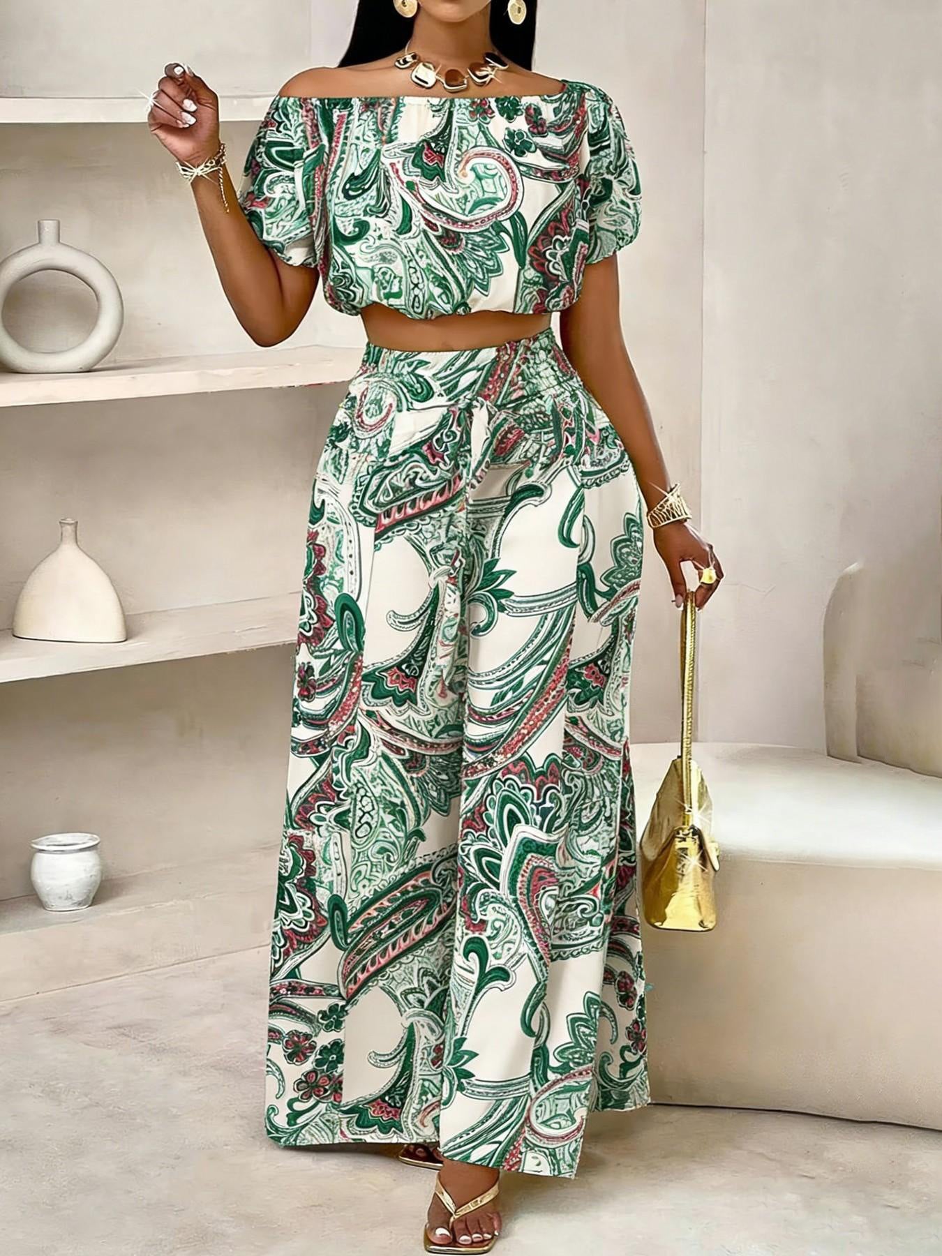 VVZ Off-Shoulder Puff-Sleeve Cropped Top and High-Waisted Drawstring Wide-Leg Pants