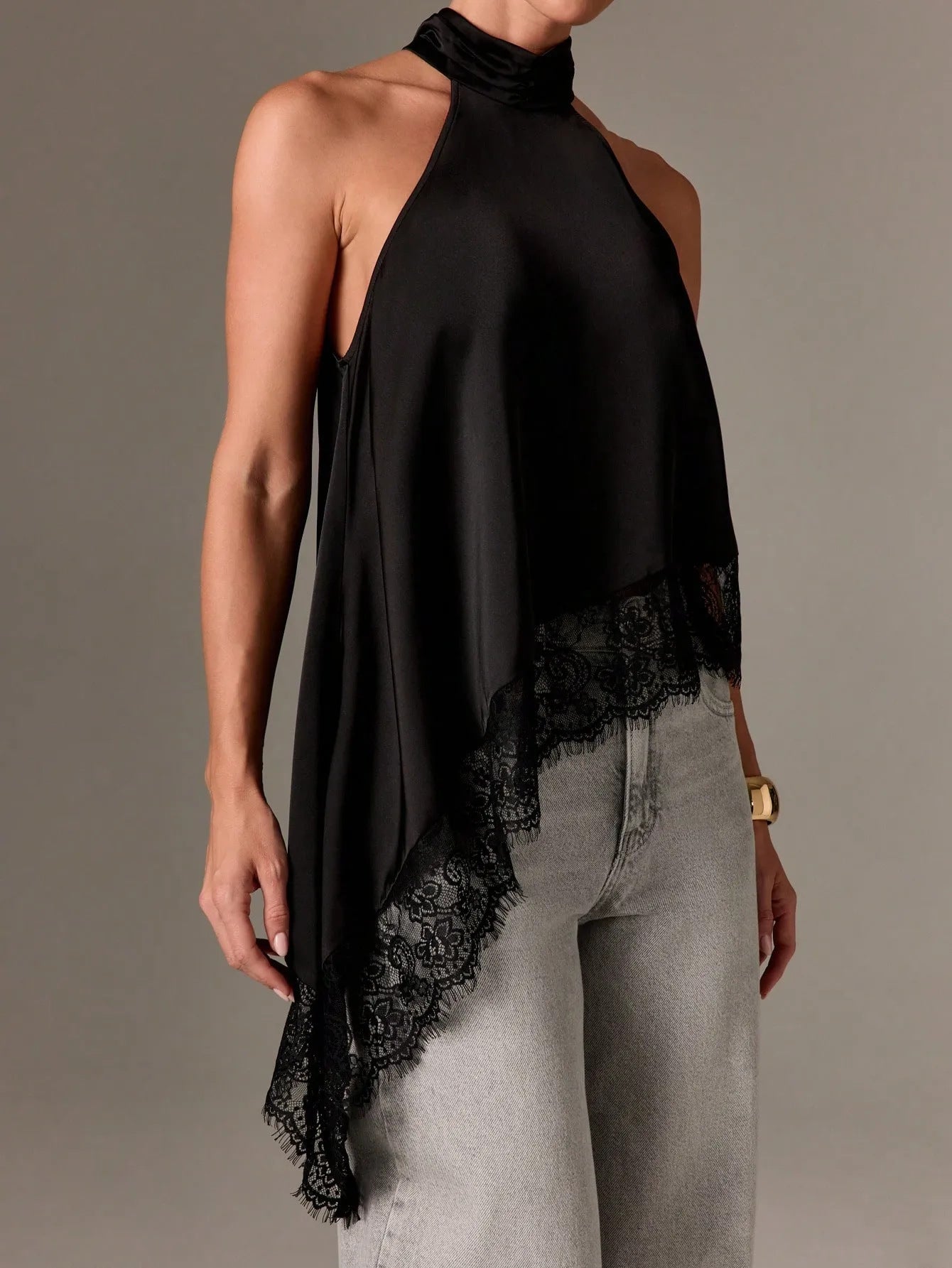 VVZ Women's Halter Top — Summer Sleeveless, Backless Camisole with Asymmetrical Lace Hem