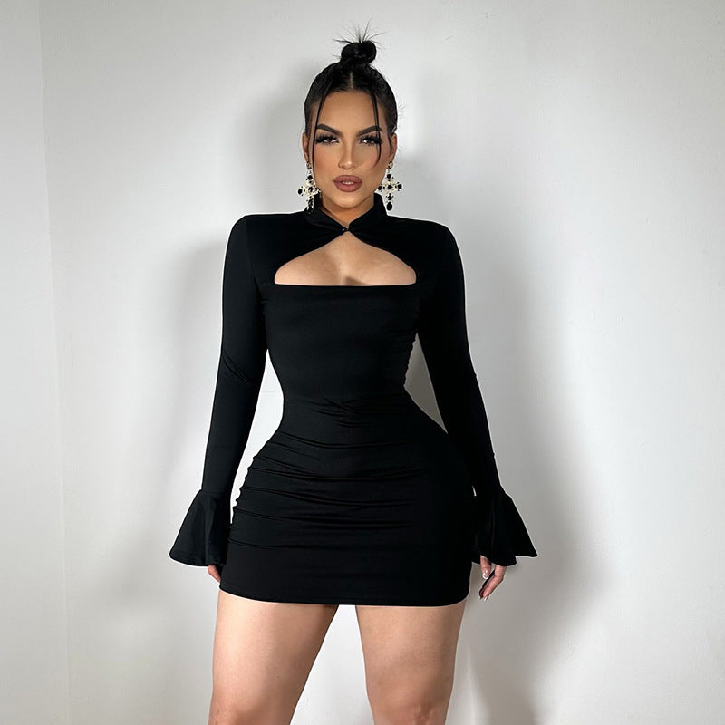 VVZ Women's Sexy Tight-Fitting Hollow Out Bell Sleeve Mini Dress