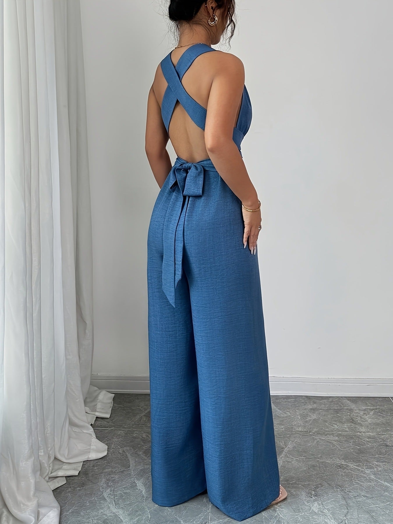 VVZ V-Neck, Tie-Waist, Wide-Leg Jumpsuit