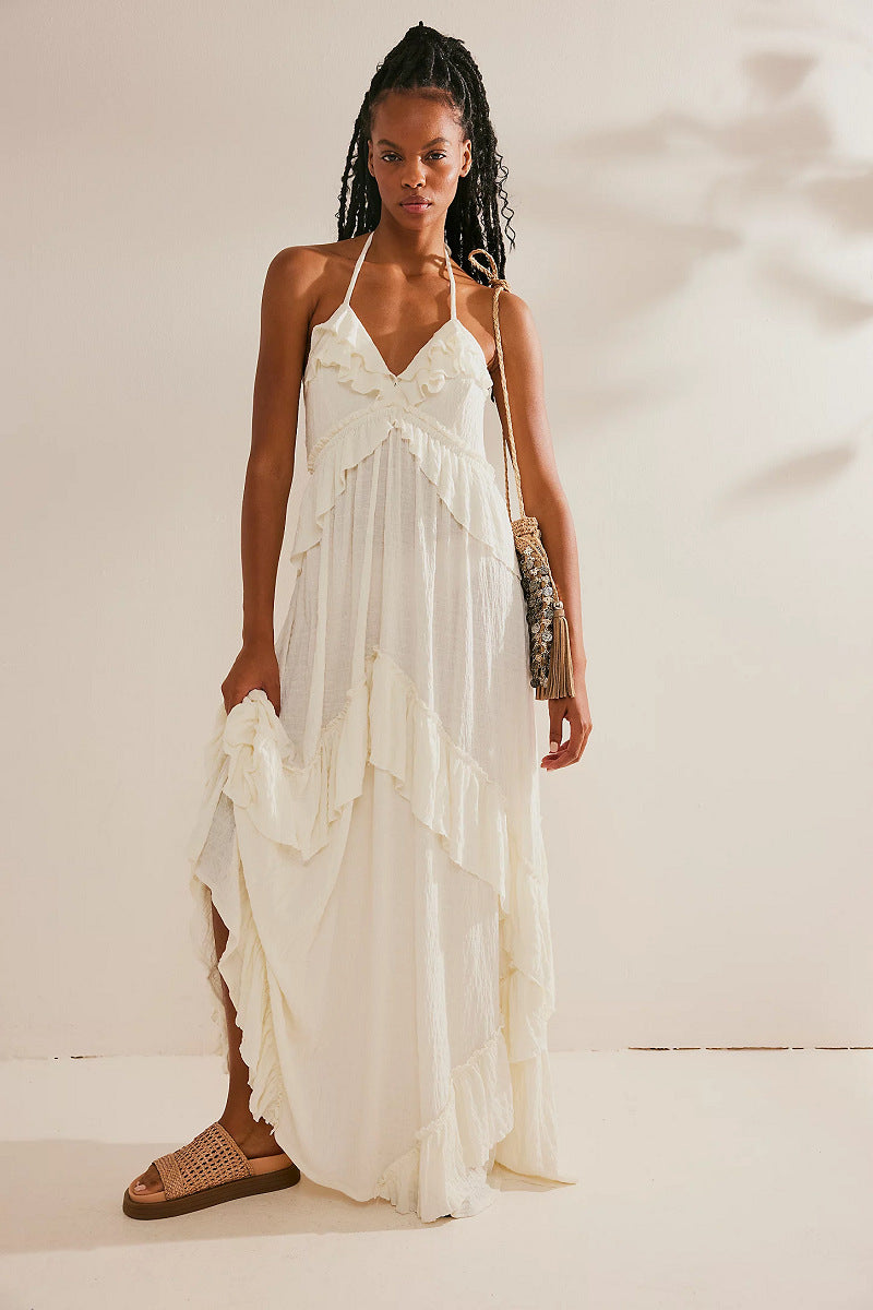 VVZ Women's Halter-Neck Ruffled Maxi Dress