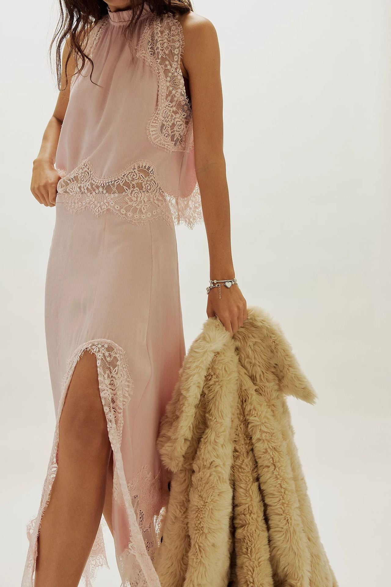VVZ Women's Elegant Solid-Color Satin Two-Piece Set with Lace Splicing