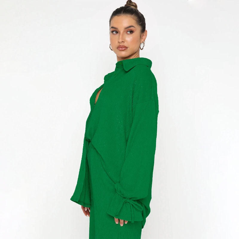 VVZ Women's Solid-Color Collared Button-Down Shirt and Slit-Hem Trousers Set