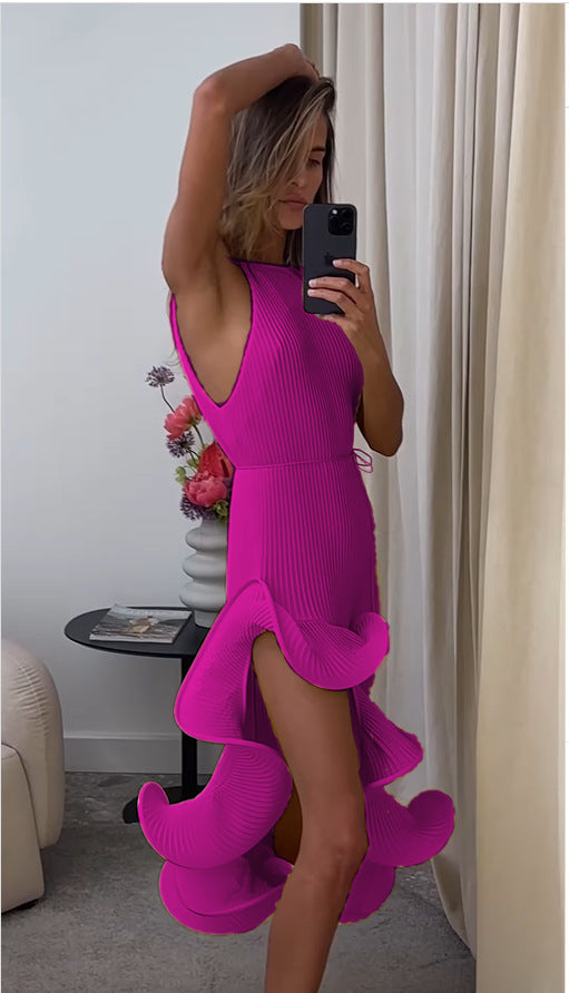 VVZ Irregular Ruffle, Sleeveless, Tie-Waist, Slim-Fit Dress
