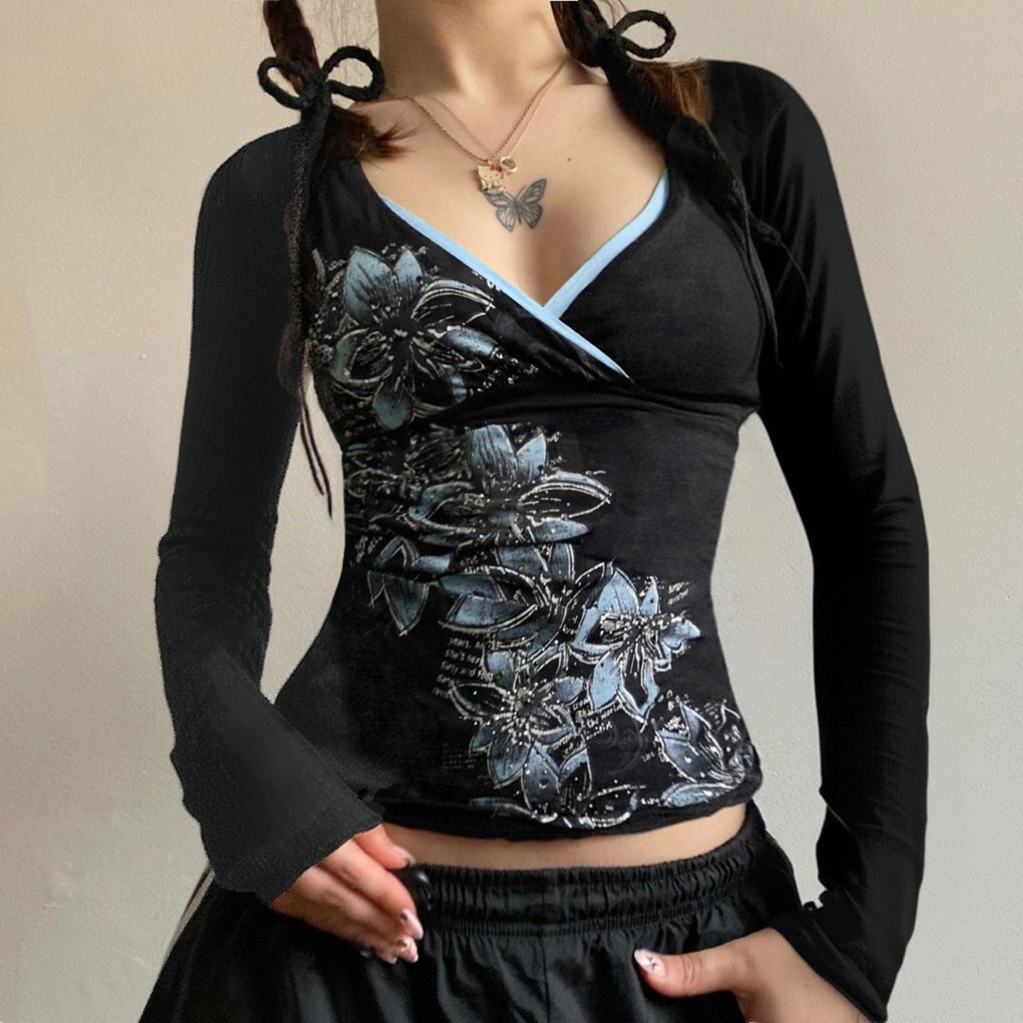 VVZ Vintage Floral Print Cross V Neck Slim Fit Long Sleeve T-Shirt