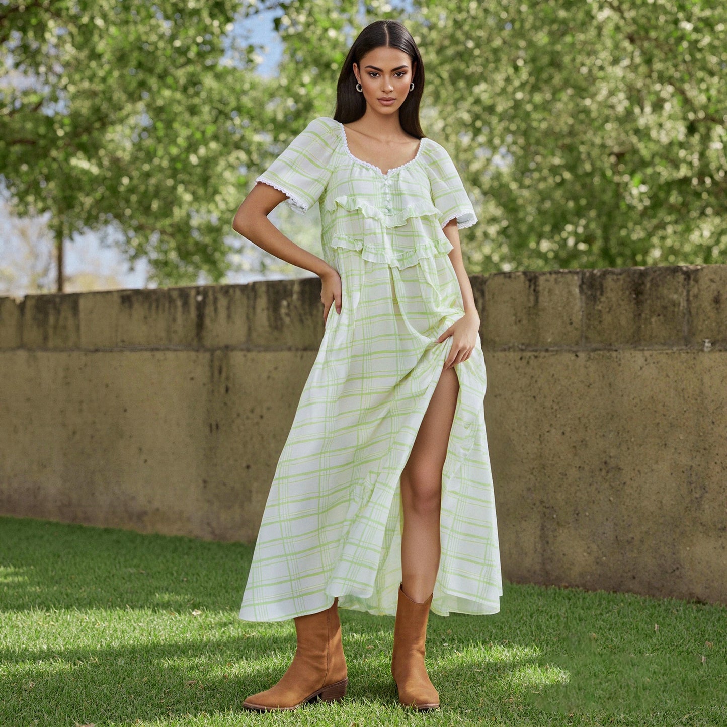 VVZ Women Long Dress, Elegant Short Sleeve Solid/Plaid  Dress