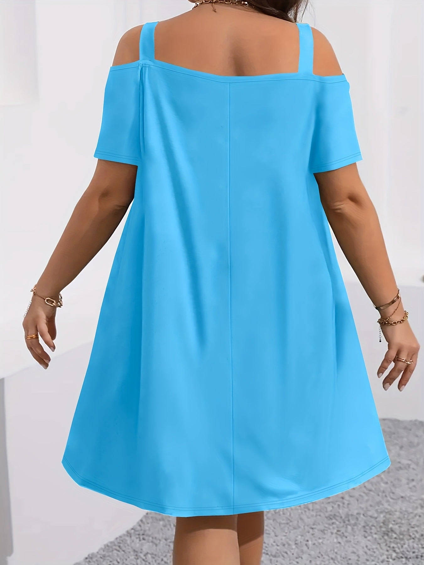 VVZ Plus-Size Women's Casual Midi Dress: Crew Neck, Short Sleeve, Cold-Shoulder, Slim Fit