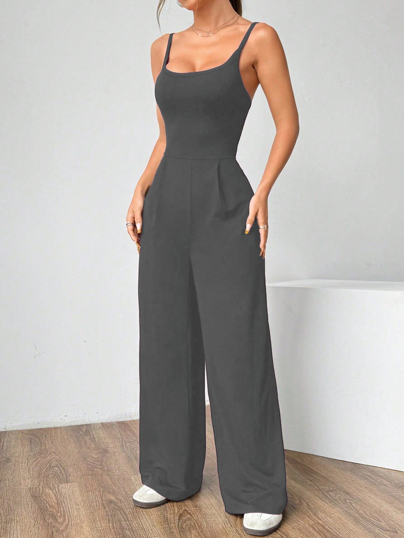 VVZ Women's Solid-Color Backless Pleated Spaghetti-Strap Jumpsuit
