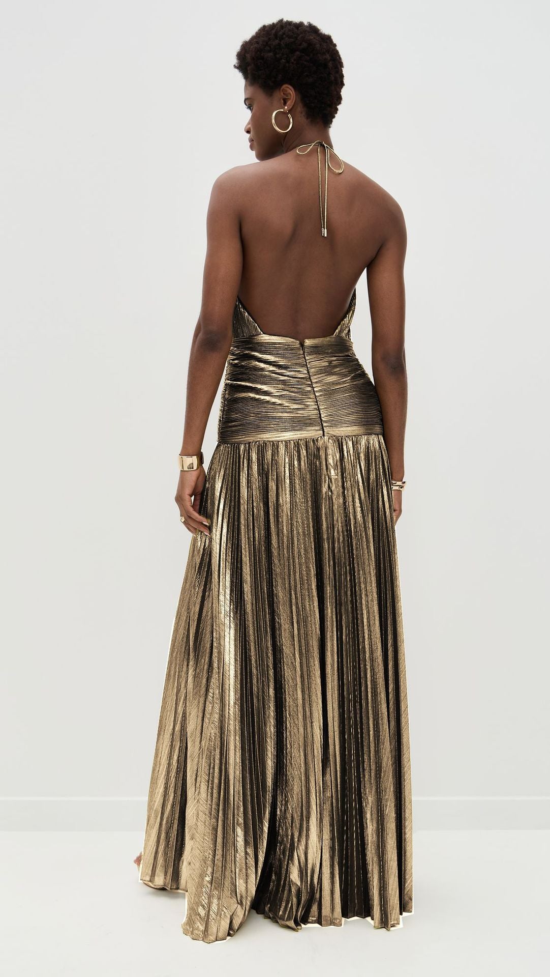 VVZ Halter-Neck Metallic Pleated Maxi Dress